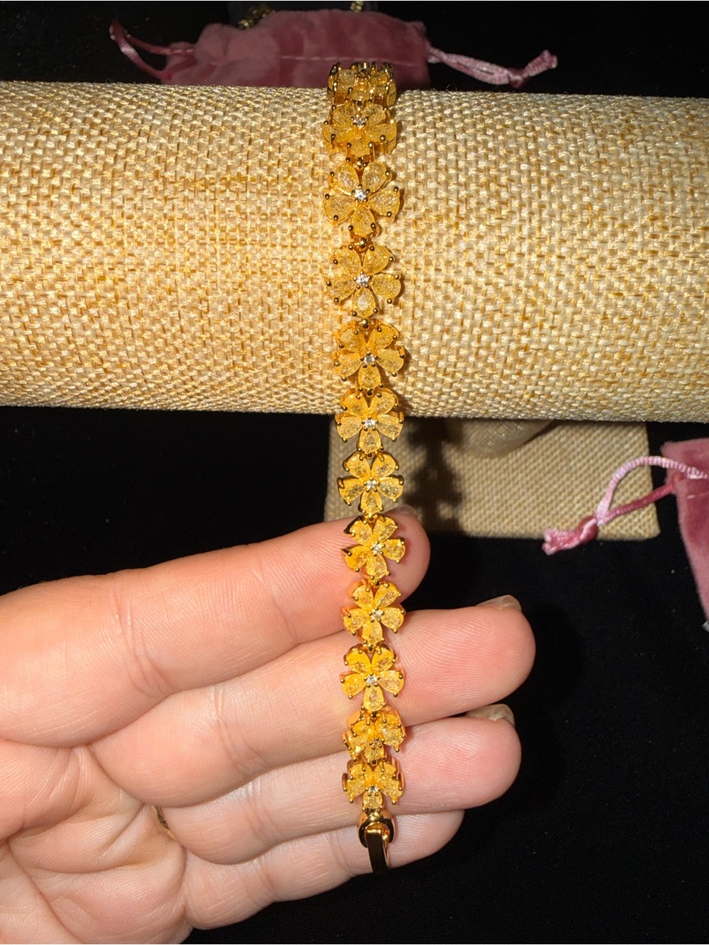 Gold-Plated Candy Style Diamond Floral Link Bracelet - Women Jewelry